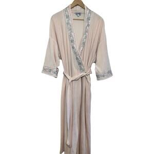 Vintage Christian Dior Lounge Wear Pink Floral Embroidered Robe with Belt